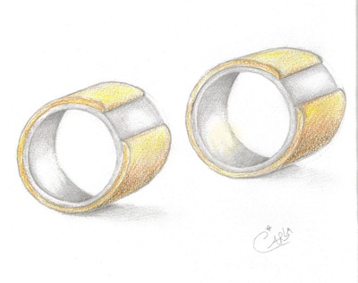 Ontwerp tekening van twee design trouwringen in witgoud en geelgoud
